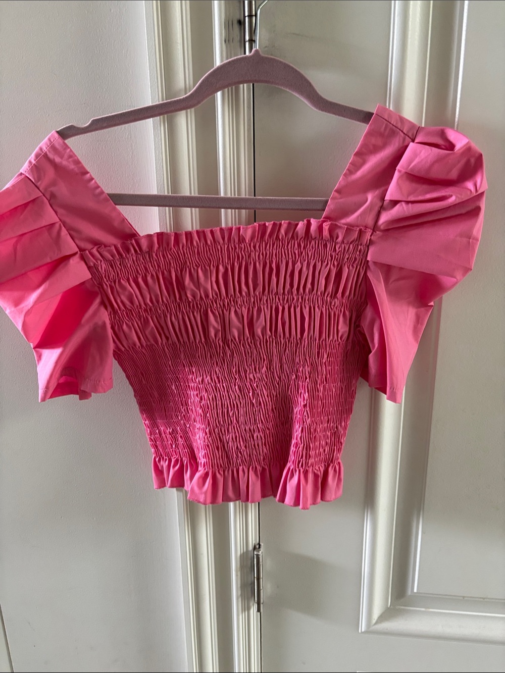 SHEIN Hot Pink Smocked Puff-Sleeve Crop Top
